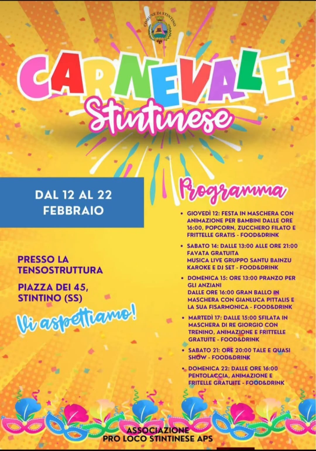Carnevale Stintinese 2026: al via i festeggiamenti in Piazza dei 45